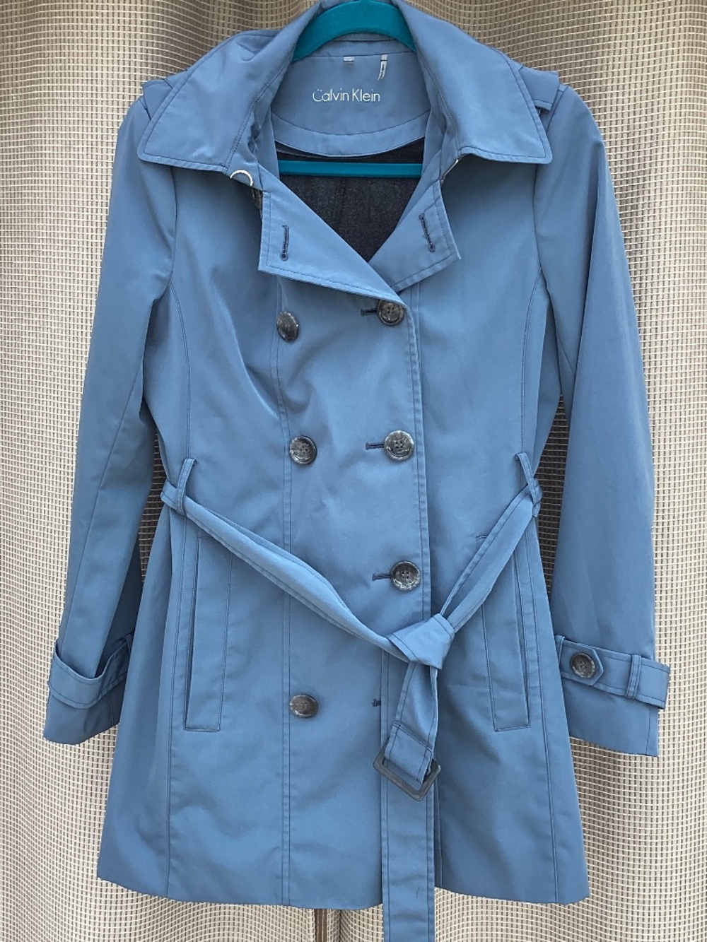 Calvin Klein Double-Breasted Belted Raincoat. Size XS